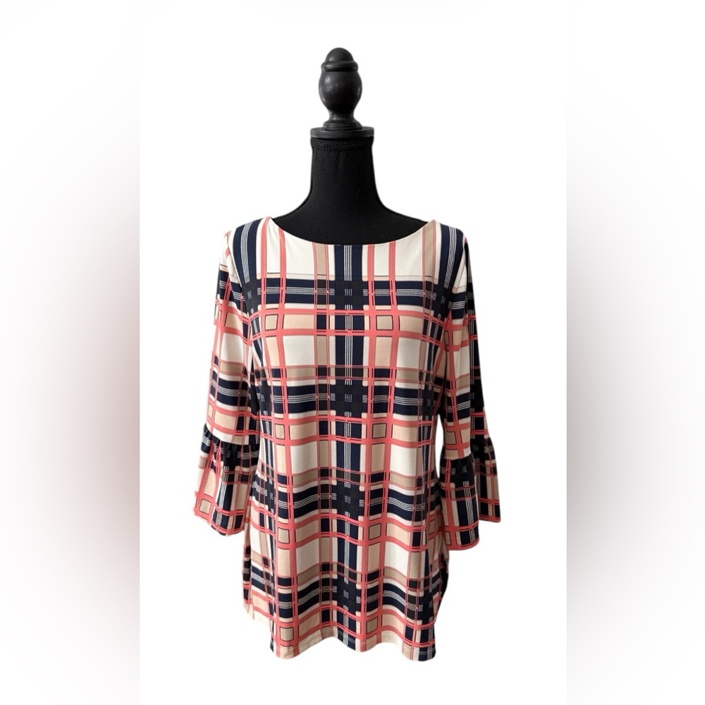 Charter Club Pink and Navy Blue Boat Neck Blouse with Bell Flared Sleeves